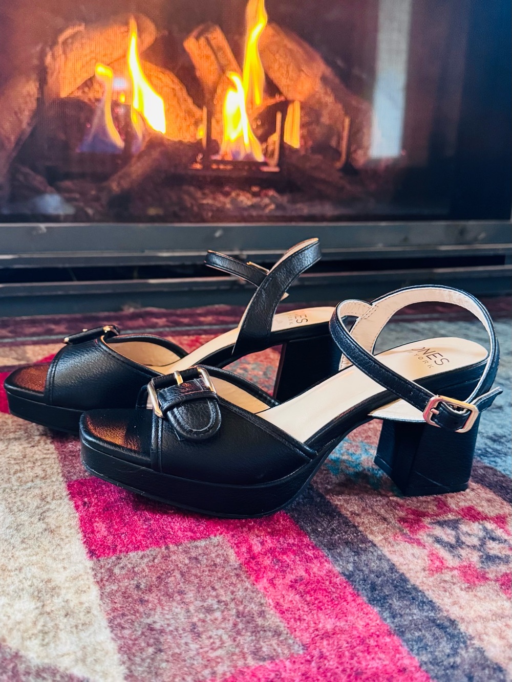 Jones New York Black Platform Block Heel Sandals with Buckle Detail